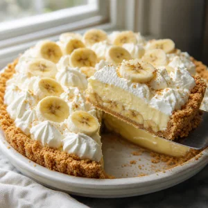 Una fetta di crostata alla crema di banana con gli strati visibili