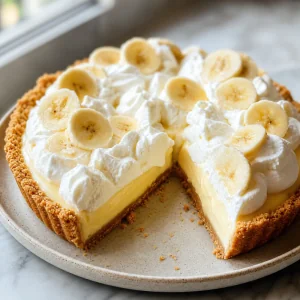 Crostata alla crema di banana finita con panna montata e fette di banana