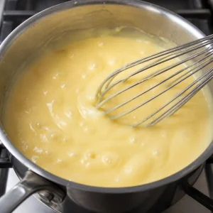 Crema alla vaniglia densa mescolata in casseruola