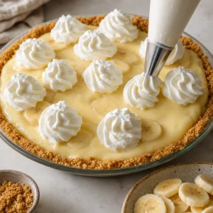 Panna montata decorata sulla crostata fredda alla banana