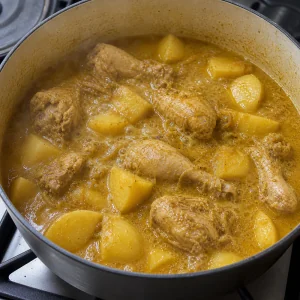 Chicken and potatoes simmering in korma sauce