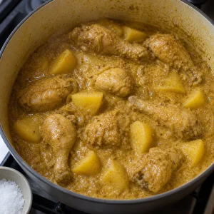 Thickened chicken and potato korma in the pot