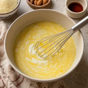 Uova, yogurt, burro fuso e vaniglia mescolati insieme