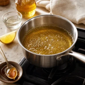 Sciroppo al miele che sobbolle in un pentolino con limone