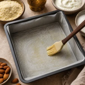 Teglia quadrata imburrata e foderata con carta forno