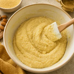 Impasto denso di semolino mescolato con una spatola