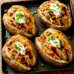 BBQ chicken stuffed baked potatoes with cheddar, sour cream, and scallions