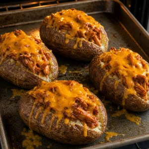 BBQ chicken stuffed potatoes with melted cheddar on top