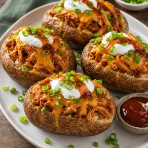 Stuffed baked potatoes topped with sour cream, scallions, and barbecue sauce