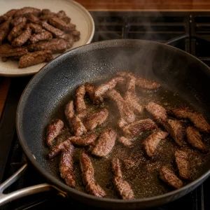 Tiras de carne selando em uma frigideira quente ate dourar