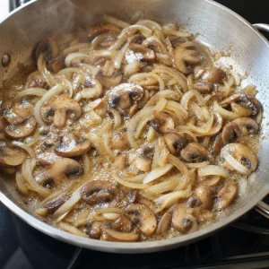 Cebolas e cogumelos cozinhando na manteiga para o molho strogonoff