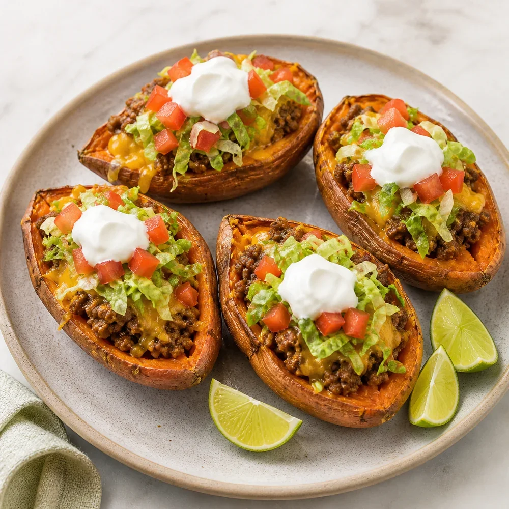 Finished beef taco stuffed sweet potatoes with lettuce, tomato, sour cream, and lime