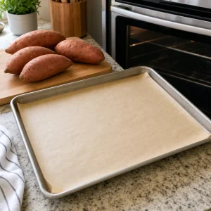 Parchment-lined sheet pan with whole sweet potatoes ready for roasting