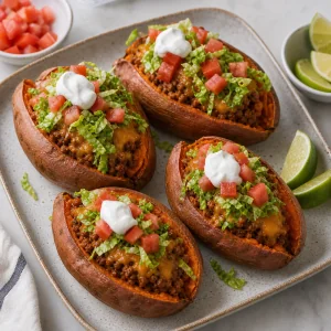 Stuffed sweet potatoes topped with lettuce, tomato, sour cream, and lime