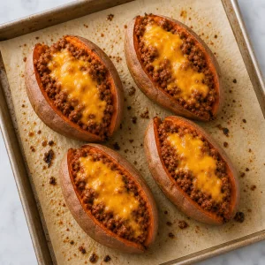 Sweet potatoes filled with taco beef and melted cheese