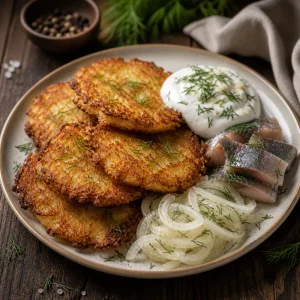 Draniki mit Sauerrahm, Zwiebeln und gesalzenem Fisch