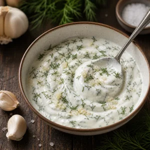 Knoblauch-Sauerrahm mit frischem Dill verrührt