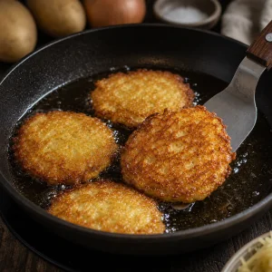 Goldene Draniki beim Braten, ein Puffer wird angehoben