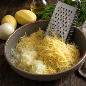 Geriebene Kartoffeln und Zwiebel in einer Schüssel