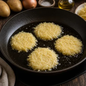 Rohe Kartoffelpuffer brutzeln in heißem Öl