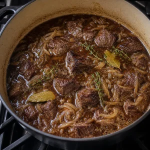 Beef and onions simmering with thyme and bay leaves