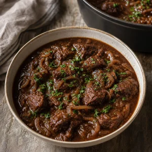 Finished carbonnade beef stew sprinkled with parsley