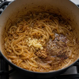 Onions with garlic and brown sugar deglazing browned bits