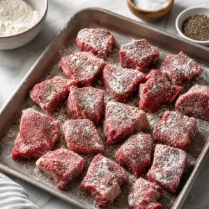 Raw beef chunks dusted with flour, salt, and pepper