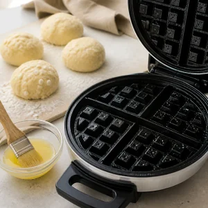 Открытая вафельница смазана маслом и готова для теста льежских вафель.