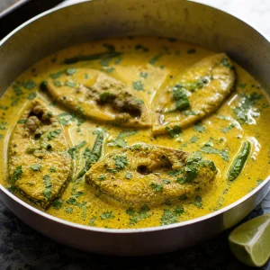 Curry di pesce alla senape finito con coriandolo e lime