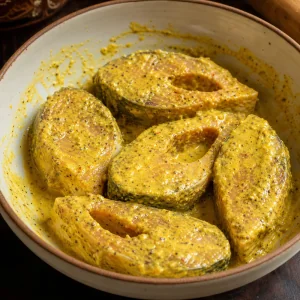 Tranci di pesce ricoperti di marinata allo yogurt e senape