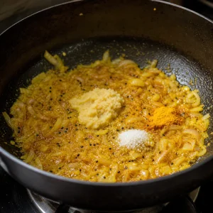 Pasta di aglio e zenzero cotta con cipolle dorate