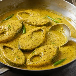 Salsa curry alla senape versata sul pesce in cottura