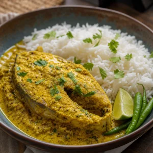 Curry di pesce alla senape servito con riso basmati e lime