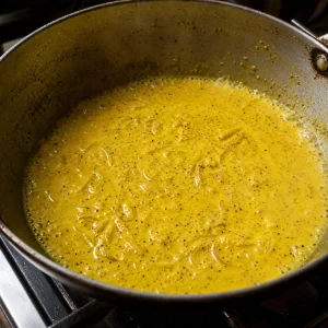 Salsa curry di senape e yogurt che sobbolle in padella