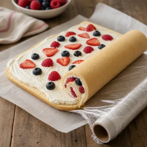 Berry cream cookie sheet rolled into a filled log