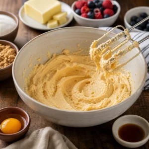 Butter and sugars creamed into a fluffy cookie dough base