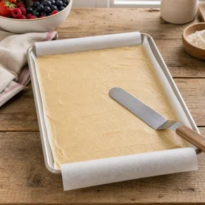 Cookie dough smoothed into a thin layer in the pan