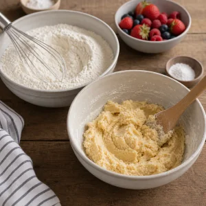 Flour mixture and soft cookie dough coming together in bowls