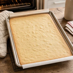 Lightly golden baked cookie sheet cooling in the pan