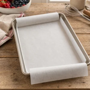 Parchment-lined jelly roll pan ready for cookie dough