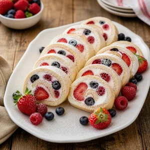 Sliced berry cream cookie roll dusted with powdered sugar