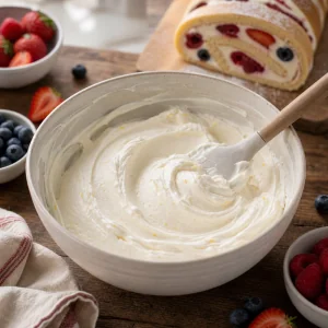 Smooth vanilla cream filling with lemon zest in a bowl