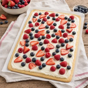 Vanilla cream and mixed berries spread over the cookie sheet