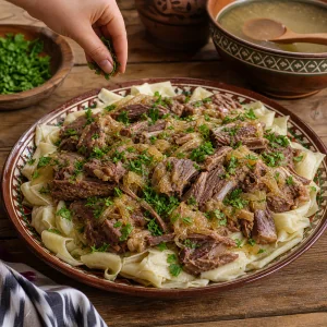 Beshbarmak dresse avec nouilles, agneau, oignons caramelises et persil