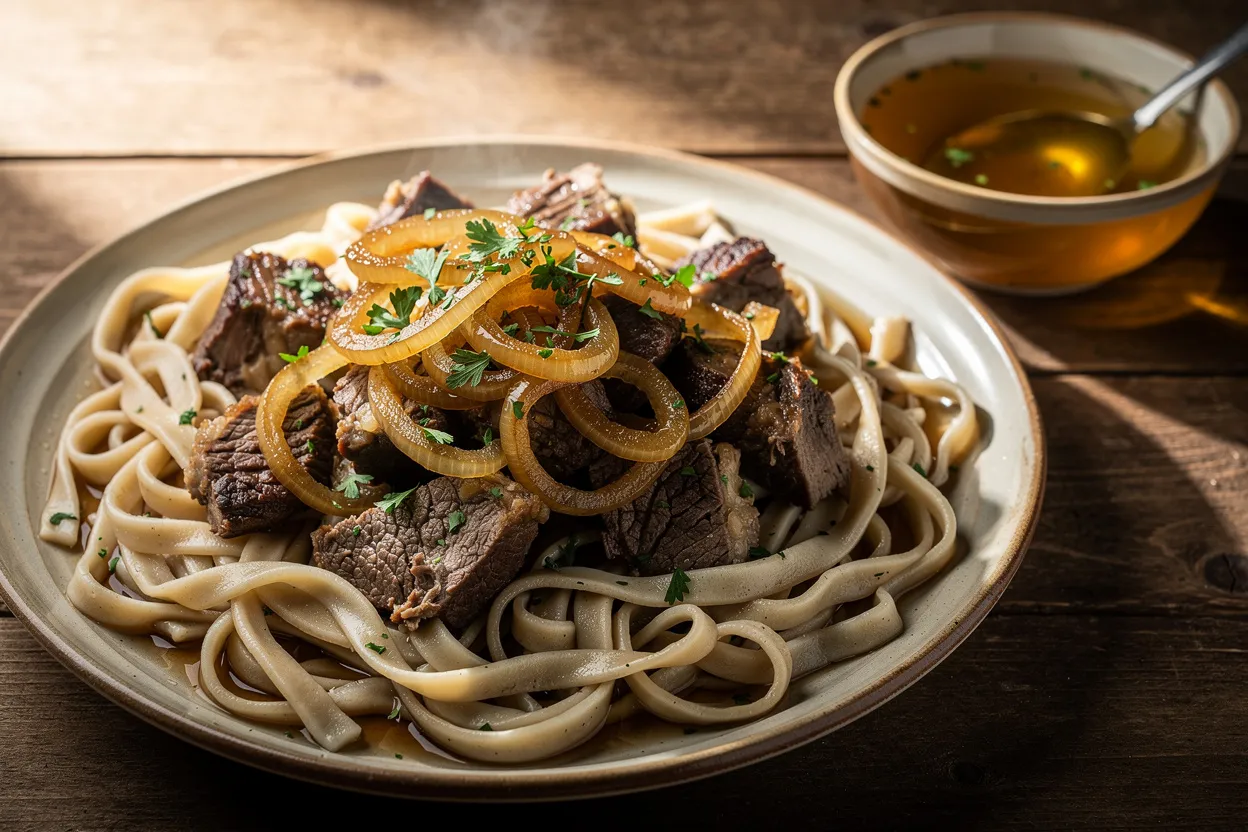 Beshbarmak traditionnel : nouilles vapeur et agneau