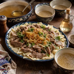 Beshbarmak termine servi en plat familial avec des bols de bouillon chaud