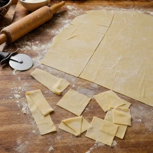 Fine pate a nouilles coupee en carres rustiques et larges rubans