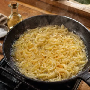 Oignons finement eminces cuisant lentement dans le beurre jusqu a etre fondants et brillants