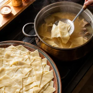 Larges nouilles maison sorties du bouillon d agneau frémissant avec une ecumoire